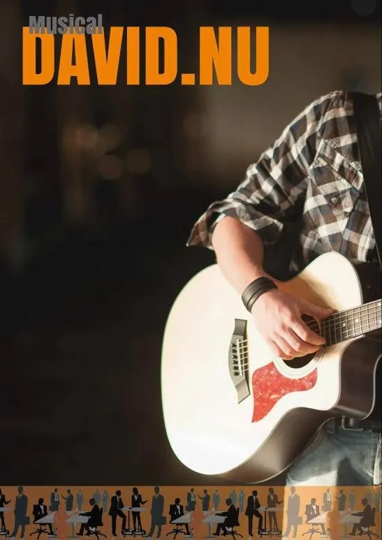 Poster van de musical David.nu: een gitarist in een geruit overhemd