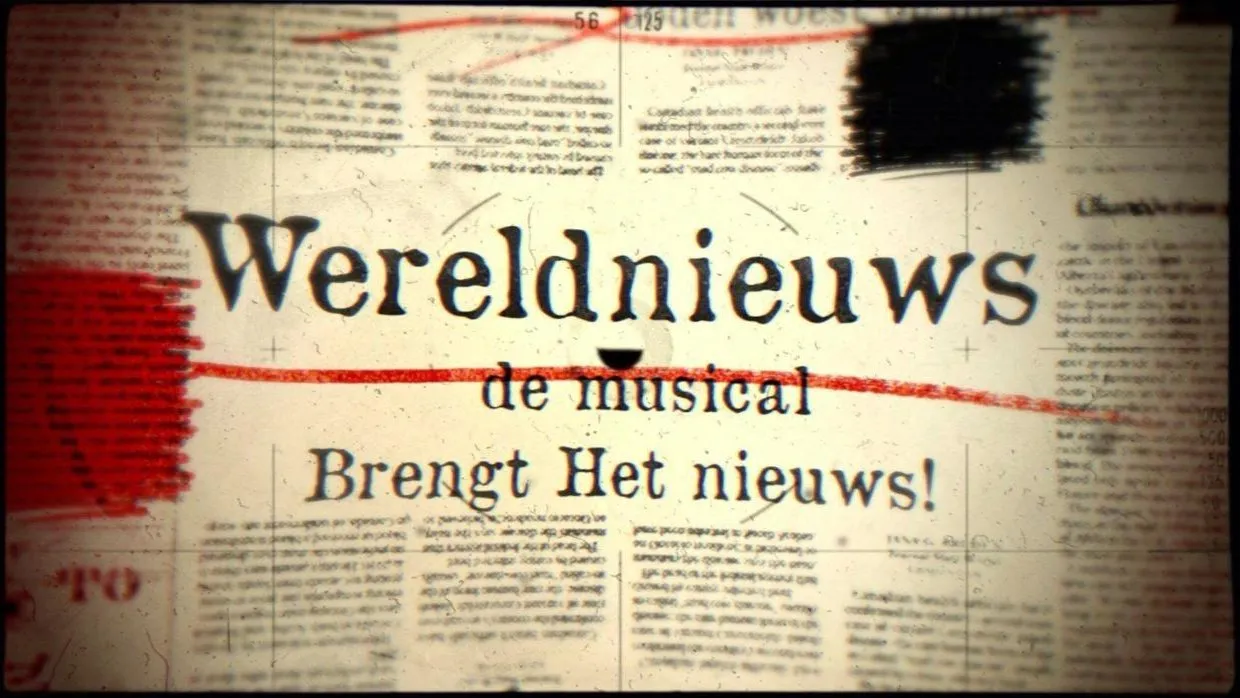 Poster van Wereldnieuws de musical: een oude krant met de tekst Brengt het nieuws!